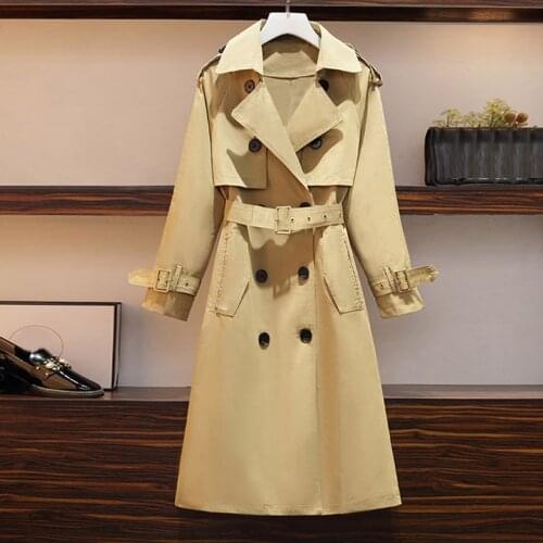 Plus Size Autumn Trench Coat Womens 4XL Casual Double Breasted Windbreaker Khaki Clothes With Belt
