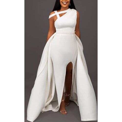 White Sleeveless One Shoulder Temperament Split Ruffles Plus Size 3XL Casual Loose Dress For Women