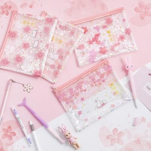 1X Romantic Sakura Rabbit Sequins A5 B6 Grids Document Bag Pen Bag File Folder for Papers Stationery