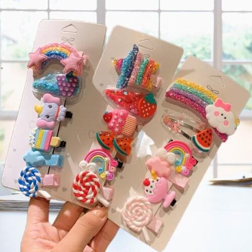 5pcs/set New Girls Cute Rainbow Star Flower Hairpins Children Sweet Hair Clips Barrette Hair Ornament Fashion Hair Accessories