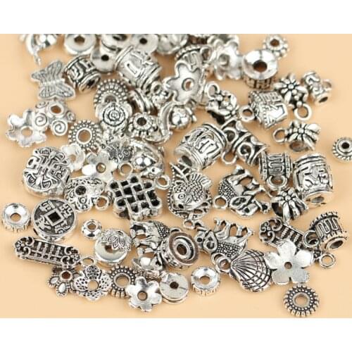 50g/bag Mix Tibetan Silver Tube Cube Flat Flower Small Big Metal Spacer Beads for Jewelry Making DIY Bracelet Accessories