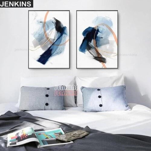 Abstract Hazy Blue Gold Brush Effect Matt Wall Art Prints and Posters for Living Room Home Decoration Canvas Painting No Frame