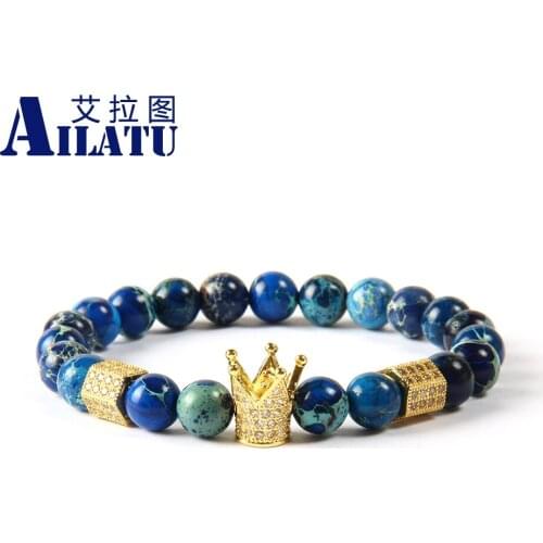 Ailatu 10pcs Powerful Mens Jewelry Wholesale 8mm Blue Sea Sediment Stone Beads Clear Cz Imperial Crown & Stoppers Bracelets