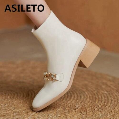 ASILETO 2021 Designer Ankle Boots for Women PU Leather Round Toe Square Mid Heel Chains Crystal Zipper Black White 31-43 S2439