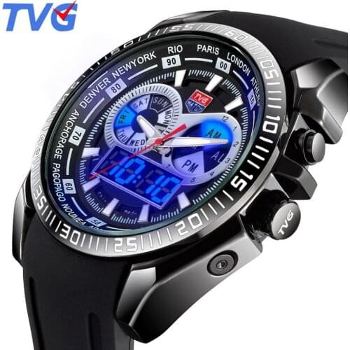 Male Watches Luxury Top Brand TVG Black Silicone Best designer Men Quartz Watch Dual Display LED Wristwatch relogio masculino