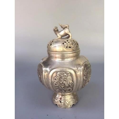 Ancient Chinese Handmade Tibet Silver Carved Kylin Cover Incense Burner Buddhism Censer Copper Sculpture Home Furnishing