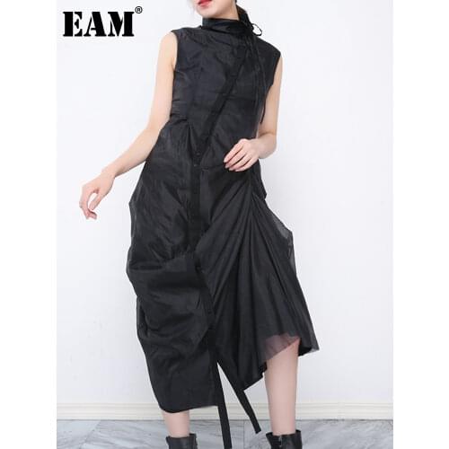 [EAM] Women Black Irregular Mesh Slit Pleated Slim Dress New Lapel Sleeveless Loose Fit Fashion Spring Summer 2021 1DD772801