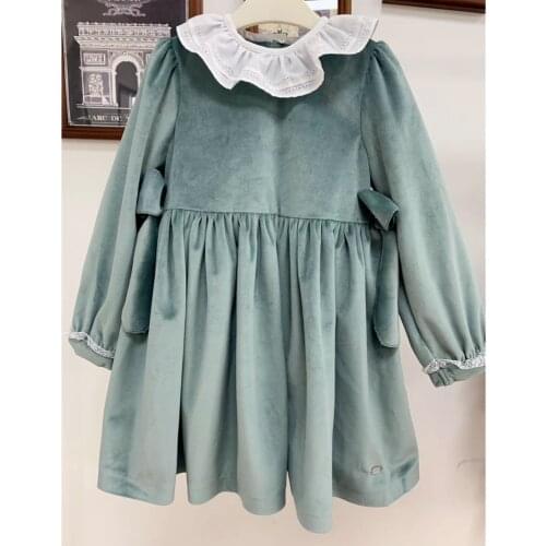 Spanish childrens dress baby girl dress 1-5 years princess dresses hat cotton long sleeve green velvet dress for Autumn winter