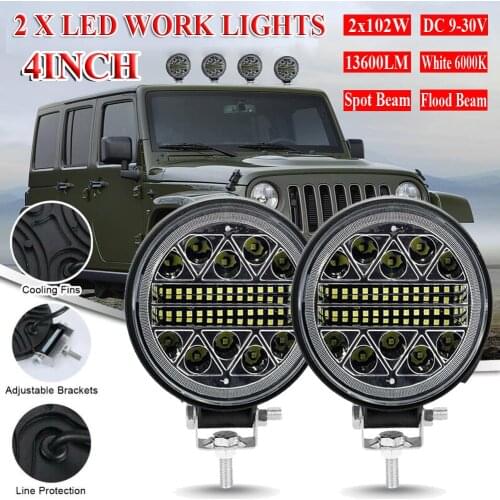 2Pcs 4in 102W Round Led Work Lights 13600LM LED Flood Beam Driving Light For Truck SUV 4WD 4x4 Boat ATV Jeep Tractor Fog Light