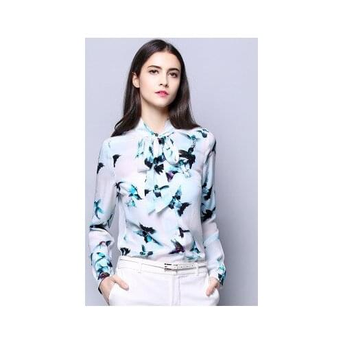 Top brand Free Shipping New Summer Women Wave Ribbon Collar Silk Shirt high quality