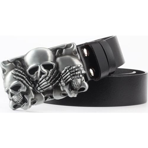 Punk Ghost Head Skull Alloy Head Buckle Belts for Men Male Genuine Leather Belts about Skulls Cowskin Leather Waist Belt Straps
