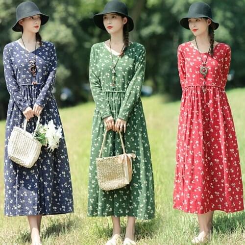 2021 New Arrival Fashion Print Floral Prairie Chic Spring Dress Cotton Linen Loose Long Dress Women Casual Party Dress FT611