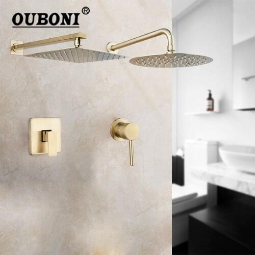 OUBONI 10 Inch Golden Brushed Rainfall Shower Faucet Wall Mounted Solid Brass Bathroom Shower Faucet Set Square Head Shower Set