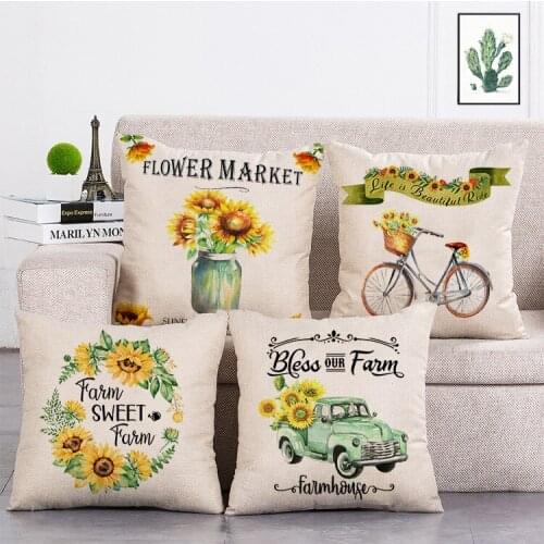 Sunflowers farmhouse home decor Printed Cushion Cover Linen Throw Pillow Car Home Decoration Decorative Pillowcase T470