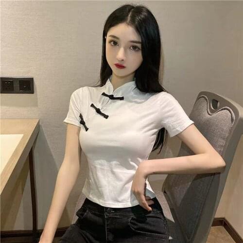 White Black Traditional Chinese Crop Shirts Women Chinese Clothing Short Sleeve Qipao Top Women Slim Satin Chinese Shirt