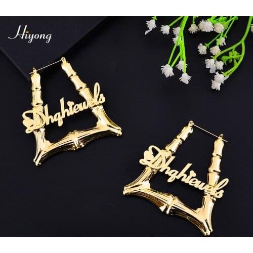 HIYONG 50mm 70mm Triangle Bamboo Hoop Earrings Custom Name Earrings Geometric Hip-Pop Style Earring for Women Girls Jewelry Gift
