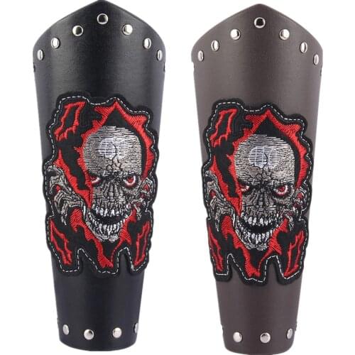 Adults Steampunk Embroidered Winged Skull Bandage Leather Wide Bracer Gauntlet Biker Cosplay Bracelet