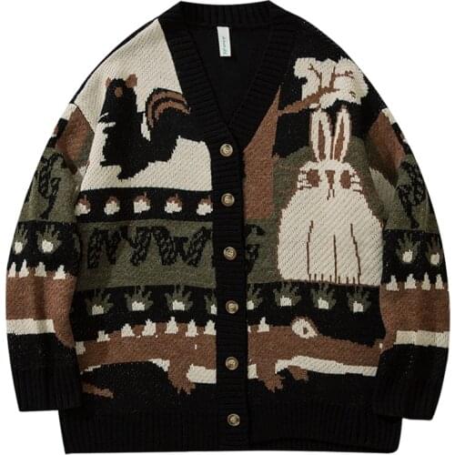 Oversize Streetwear Loose Cardigan Pullover Men Women Hip Hop Knitted Sweater Men 2021 Retro Cartoon Jacquard Harajuku Sweater