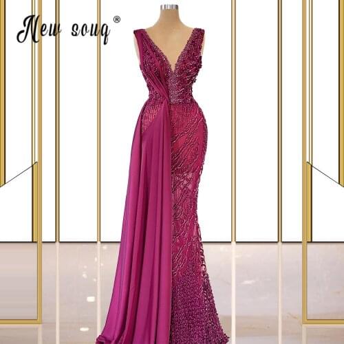 Elegant V Neck Beaded Mermaid Prom Gowns 2021 Unique Design Middle East Dubai Vestidos De Fiesta Evening Dress Robe Soiree