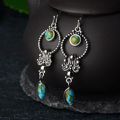 Vintage Silver Color Long Drop Earrings with Turquoise Stone Boho Bohemian Korean Dangle Earrings for Women Fashion Jewelry