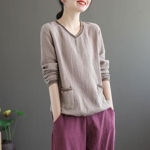 2021 New Autumn Spring 100% Cotton V Neck Woman long sleeve t-shirts Fashion Korean Style Solid Oversized t shirt