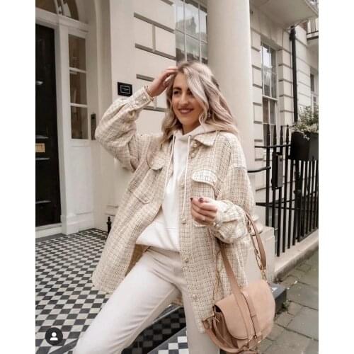 Vintage women 2020 polyester pearls coats fashion ladies thick plaid coat female streetwear elegant girls oversize jacket chic