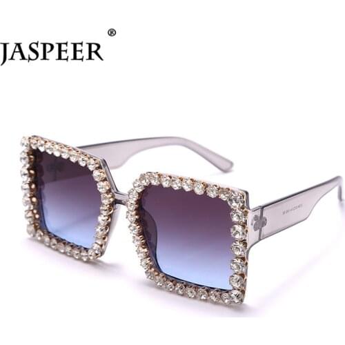 JASPEER Women Square Sunglasses Luxury Diamond Steampunk Oversized Crystal Sun Glasse Gradient Shades UV400 Goggle Eyewear