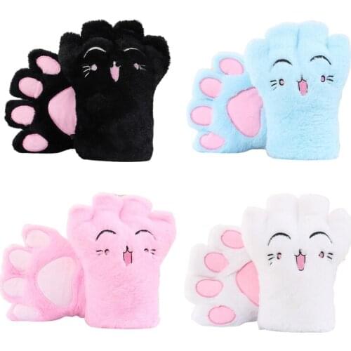 Women Loli Anime Cartoon Cat Paw Embroidery Half Finger Gloves Winter Warm Plush Stuffed Cosplay Fingerless Mittens