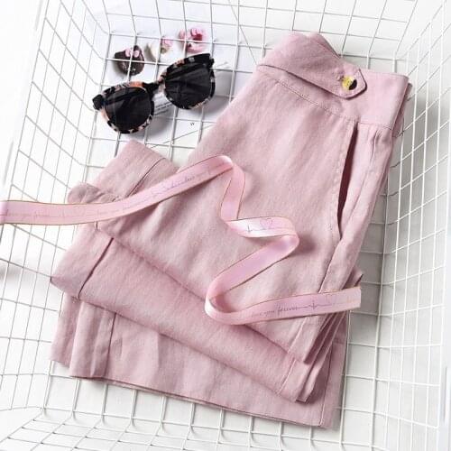 Womens Spring Summer Pants Cotton Linen Solid Elastic Waist Wide Leg Pants Female Casual Soft Thin Elegant Trousers Ladys S-XXL