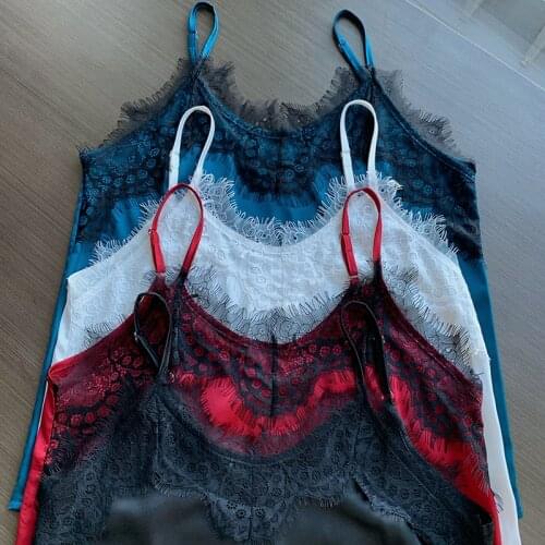 S-2XL Women Patchwork Sexy Lace V-neck Camis Tops Female Sleeveless Summer Soft Satin Blouses Tees Tanks Tops