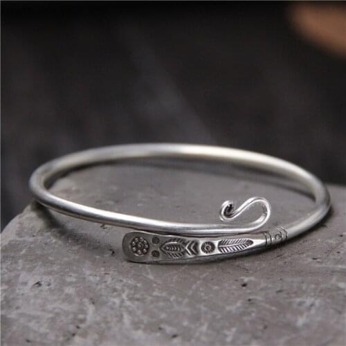 Solid 925 Sterling Silver Bangle Bracelet For Women Handmade Fish Engraved Retro Antique Opening Bangle Armbanden Voor Vrouwen