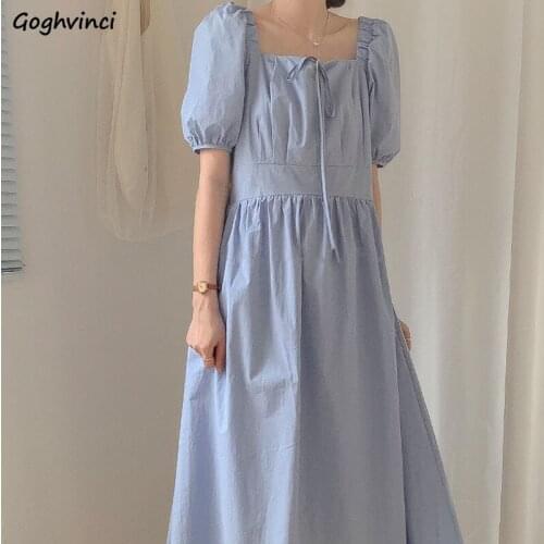 Short Puff Sleeve Dress Women Solid Square Collar Lace Up Elegant Mid-calf Dresses Girls All-match Simple Ins Trendy Temperament