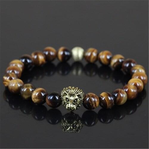 1pcs New arrival beaded lion head men charm bracelet natural 8mm yellow tiger eye stone beads bracelet