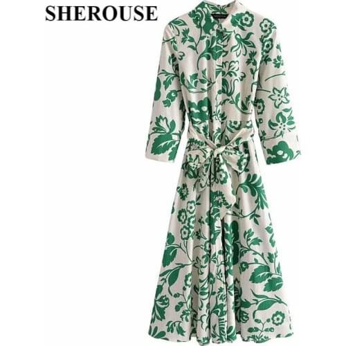 2021 Summer Dress Women Floral Printed Sashes Long Sleeve Midi Shirt Dress Chic Lady Casual Fashion Women Sundress