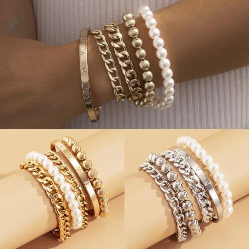 5 Pcs/set Simulated Pearl Bead Bracelet Punk Stylish C Shaped Bangle Trendy Cuban Link Adjustable Hand Chain For Women Men