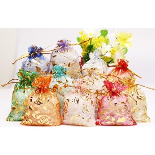 50pcs 7x9/9x12/11x16/13x18cm Organza Bag Rose Design Jewelry Packaging Bags Wedding Party Decoration Drawable Bags Gift Pouches