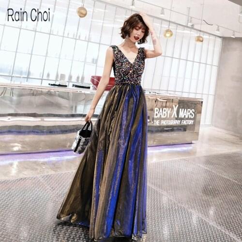 V Neck Sequins Formal Party Gown Robe De Soiree Long Prom Dresses