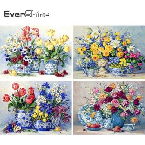 EverShine Diamond Painting Flowers Cross Stitch Diamond Embroidery Vase Picture Rhinestones Mosaic Art Needlework Home Decor