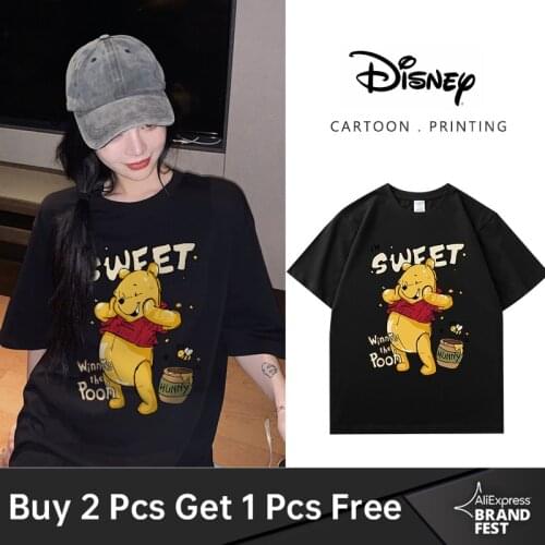Disney Harajuku Winnie the Pooh Bear Letter Cartoon Print O-Neck Chic Women T-Shirt Unisex Couples Tee Short Sleeve Tops 5 Color