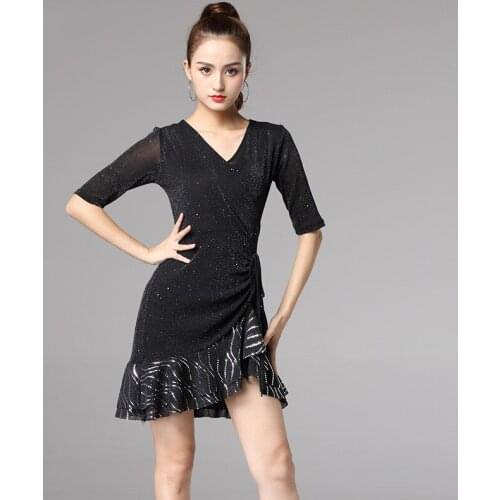 H2620 Women Latin Dance Dress Female V Collar Short Sleeve Black Dresses National Standard Dance Performance Practice Costumes