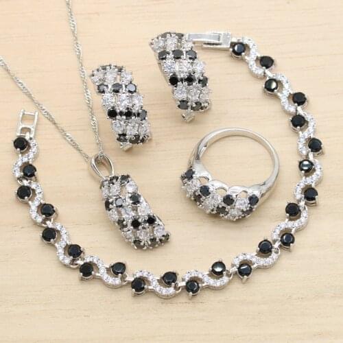 Exquisite Silver Color Jewelry Sets For Women Black White Cubic Zircon Earrings Pendant Necklace Bracelet Ring Birthday Gift