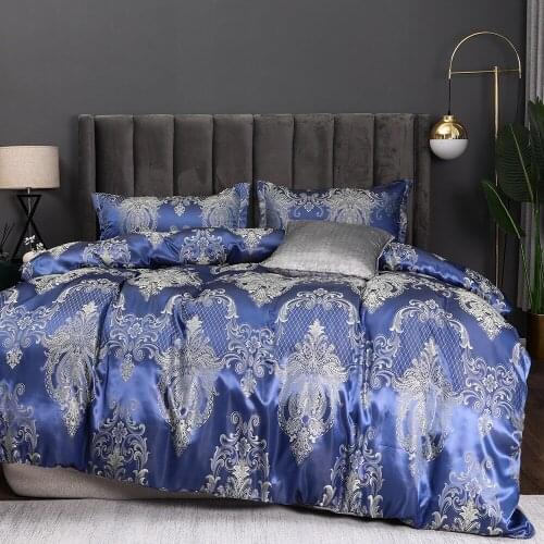 Palace style Comforter Bedding Set Blue Jacquard Floral Silky Duvet Cover Set King Size Bedclothes Bed Linen Set for Adults Bed