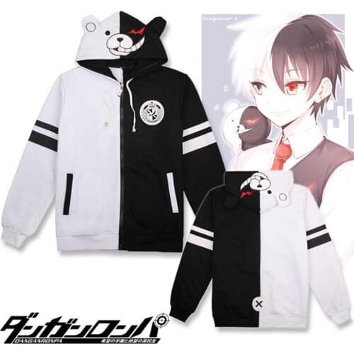 Anime Danganronpa Monokuma Cosplay Costume Unisex Hoodie Sweatshirt Hooded Black White Bear Long Sleeve Daily Casual Coat Jacket