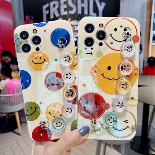 Blue Laser Jewelled Happy Smile Face Soft TPU Shockproof Phone Cases for iPhone 7 8 Plus X XR 11 12 Pro Max Wristband Straps