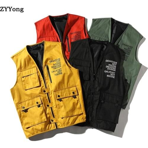 Trend Brand Men Fashion Vest Spring New Mens Multi-Pocket Casual Vest High Street Hip Hop Vest Coat Male Size S-4XL
