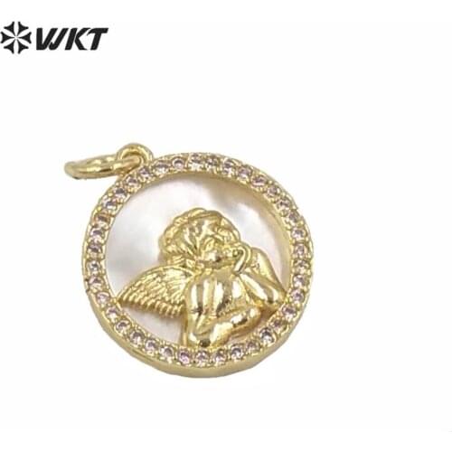 MP161 Popular round shape coin white shell pendant lady religious pendant angel baby jewelry pendant with gold electroplated