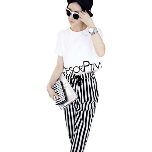 New 2 Piece Set Women Summer White Short Sleeves T-Shirt Tops + Striped Haren Pants Suits Runway Outfit Conjunto Feminino W4