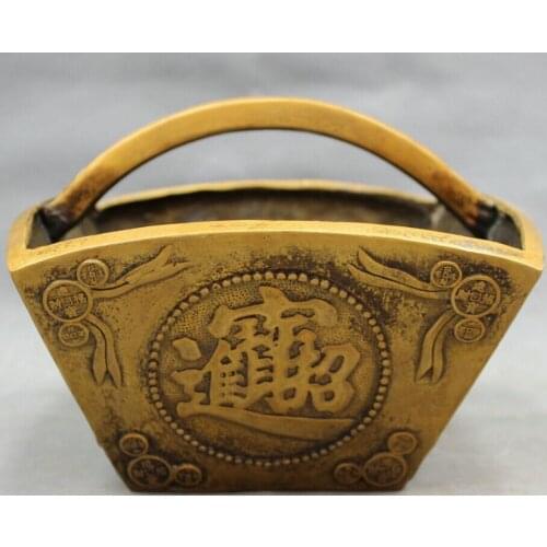 Song voge gem S2322 8" Folk Chinese Bronze FengShui Auspicious Wealth Coin Money Bucket Sheng Dou