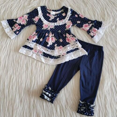 Lovely Flower style long sleeve print lace boutique kid outfts fall outfits boutique clothing sets for the baby girls
