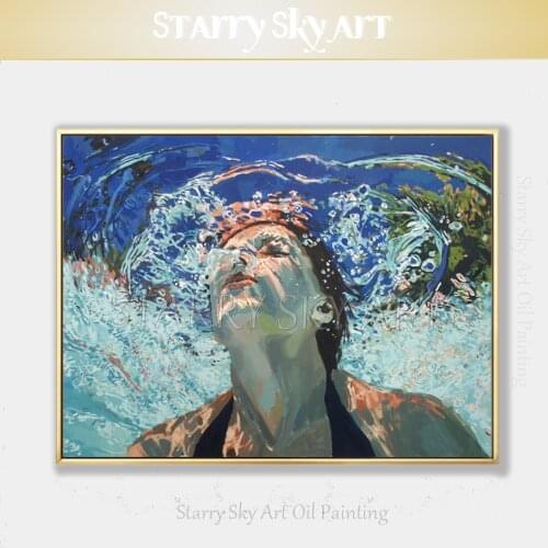 Professional Artist Hand-painted Impressionist Lady Swimming Oil Painting on Canvas Beautiful Diving Lady Portrait Oil Painting